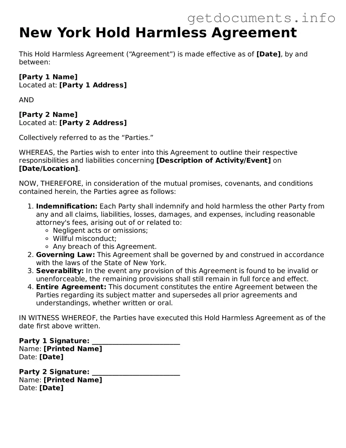 Free Hold Harmless Agreement Template for New York