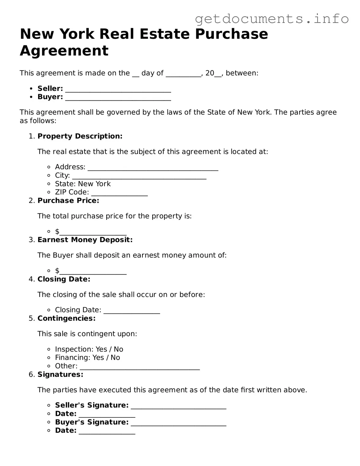 Free Real Estate Purchase Agreement Template for New York