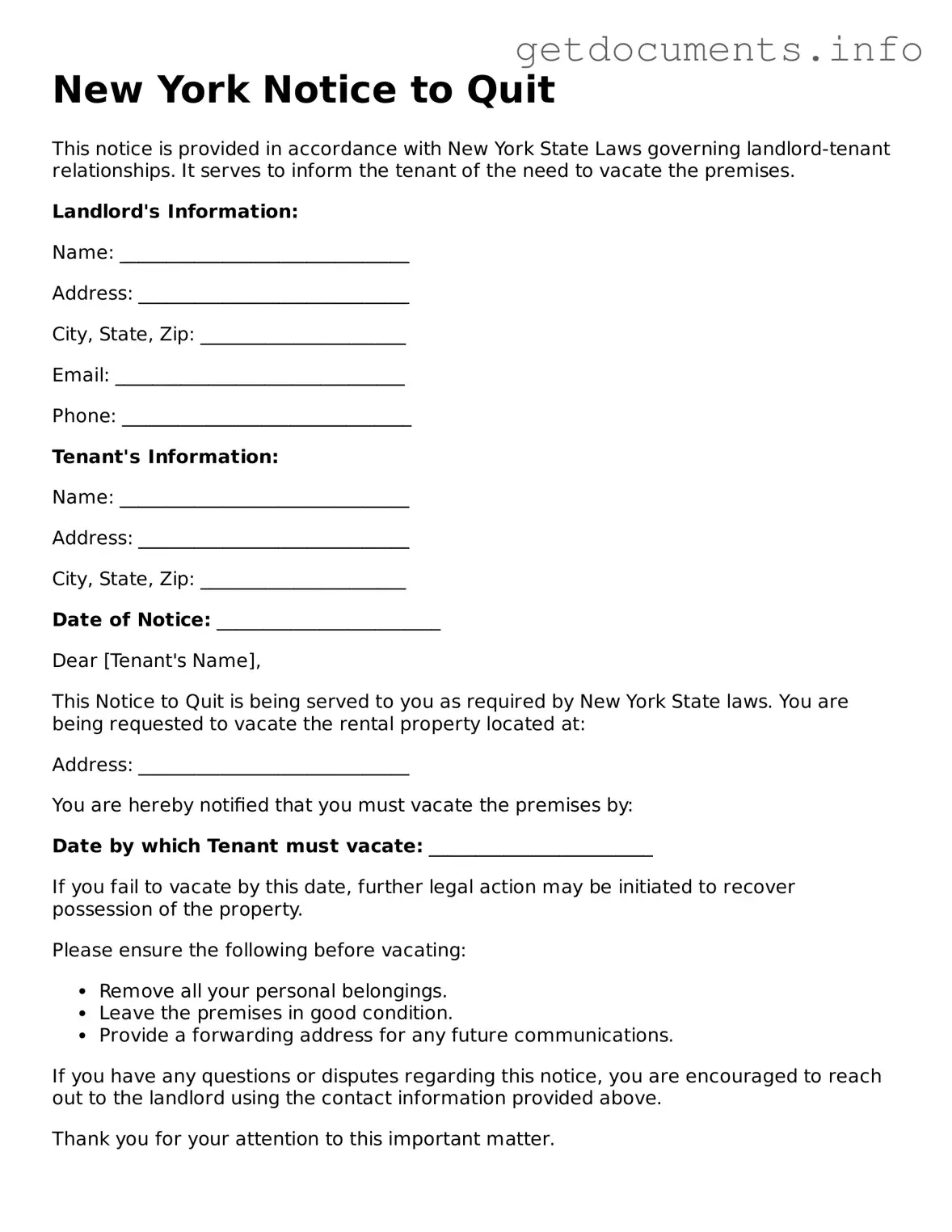 Free Notice to Quit Template for New York