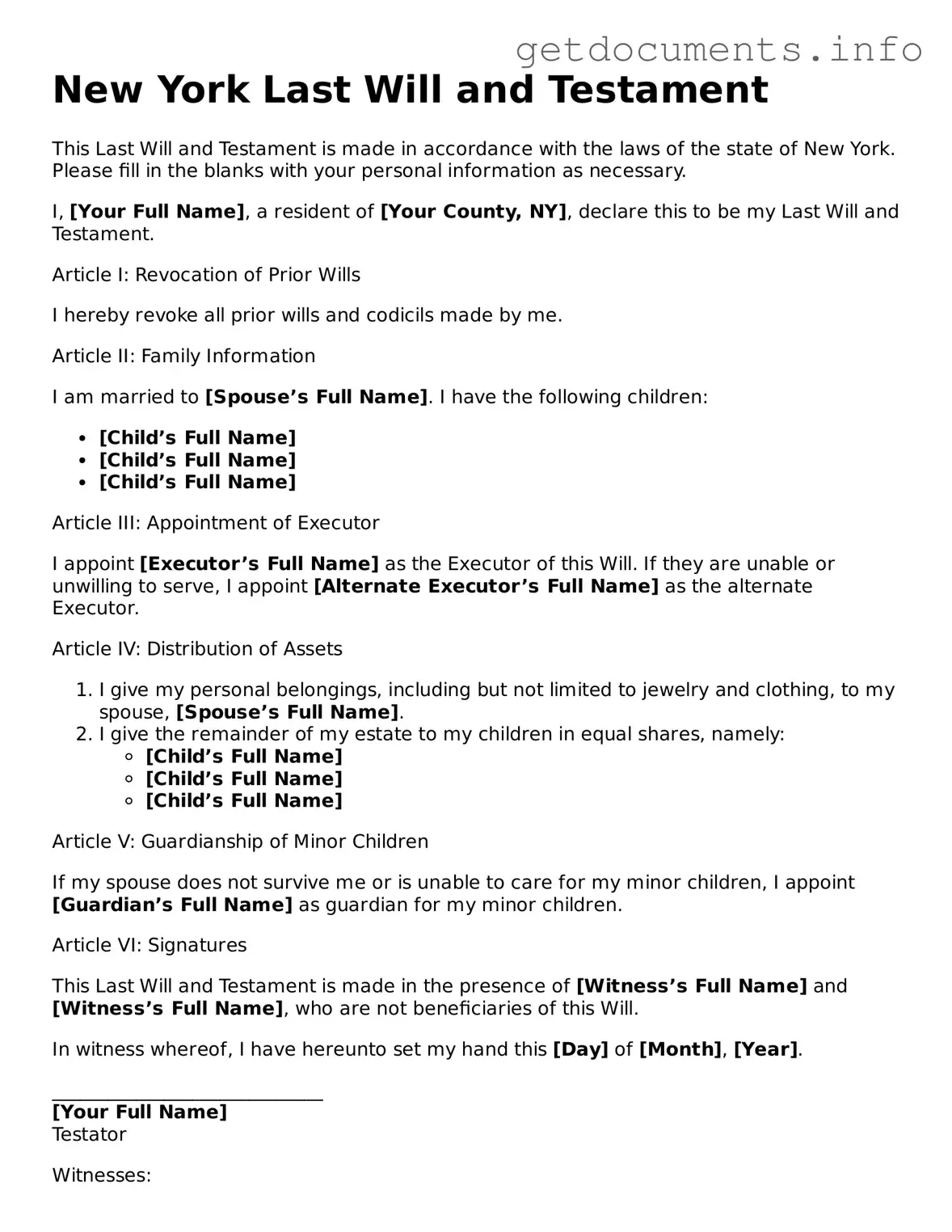 Free Last Will and Testament Template for New York