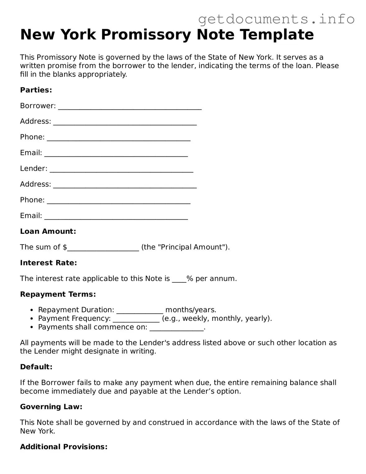 Free Promissory Note Template for New York
