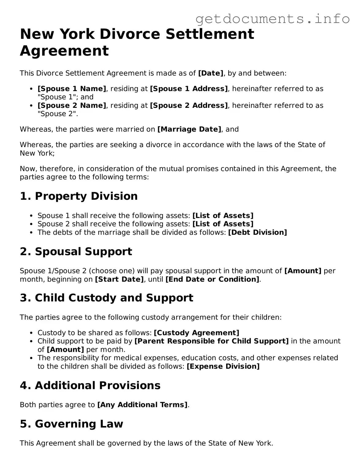 Free Divorce Settlement Agreement Template for New York