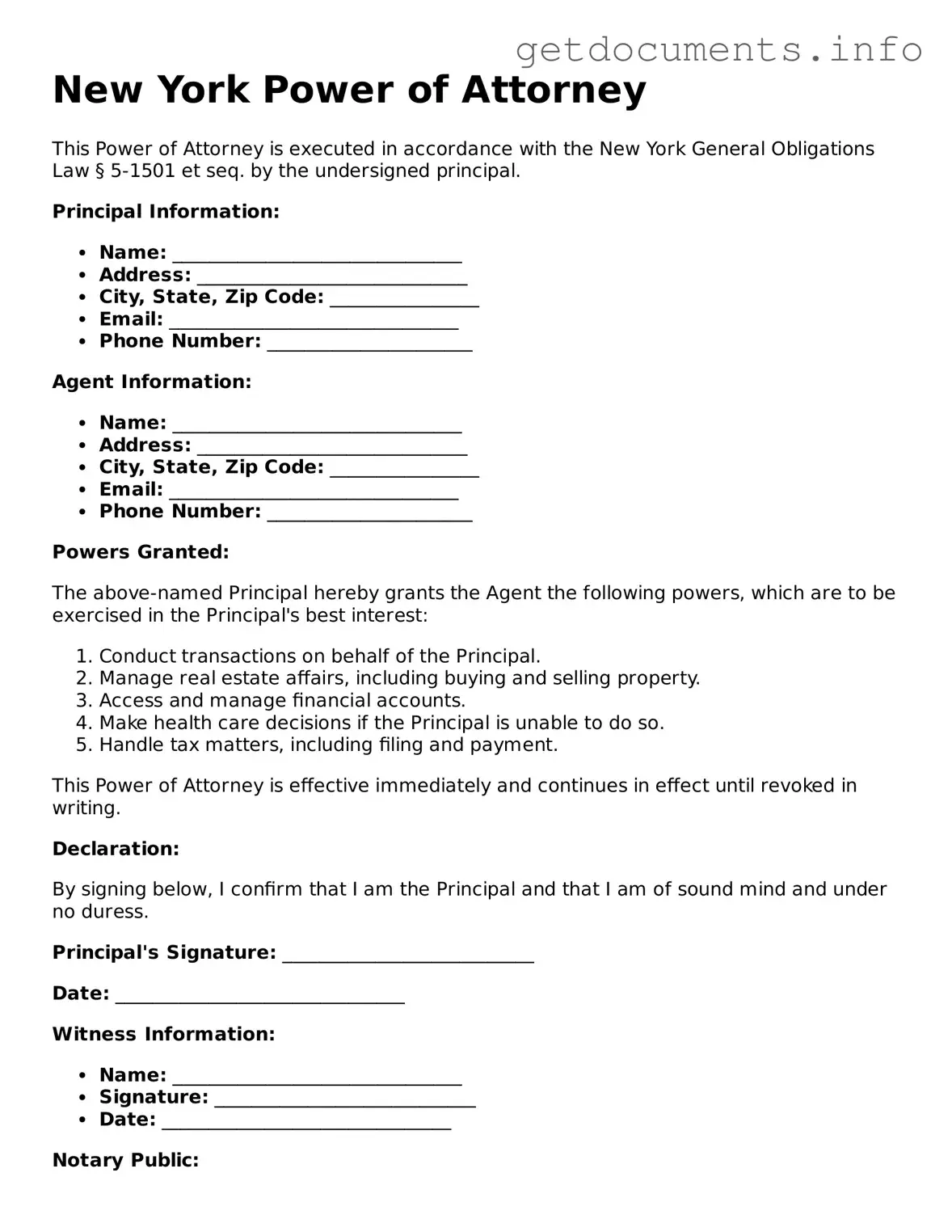 Free Power of Attorney Template for New York