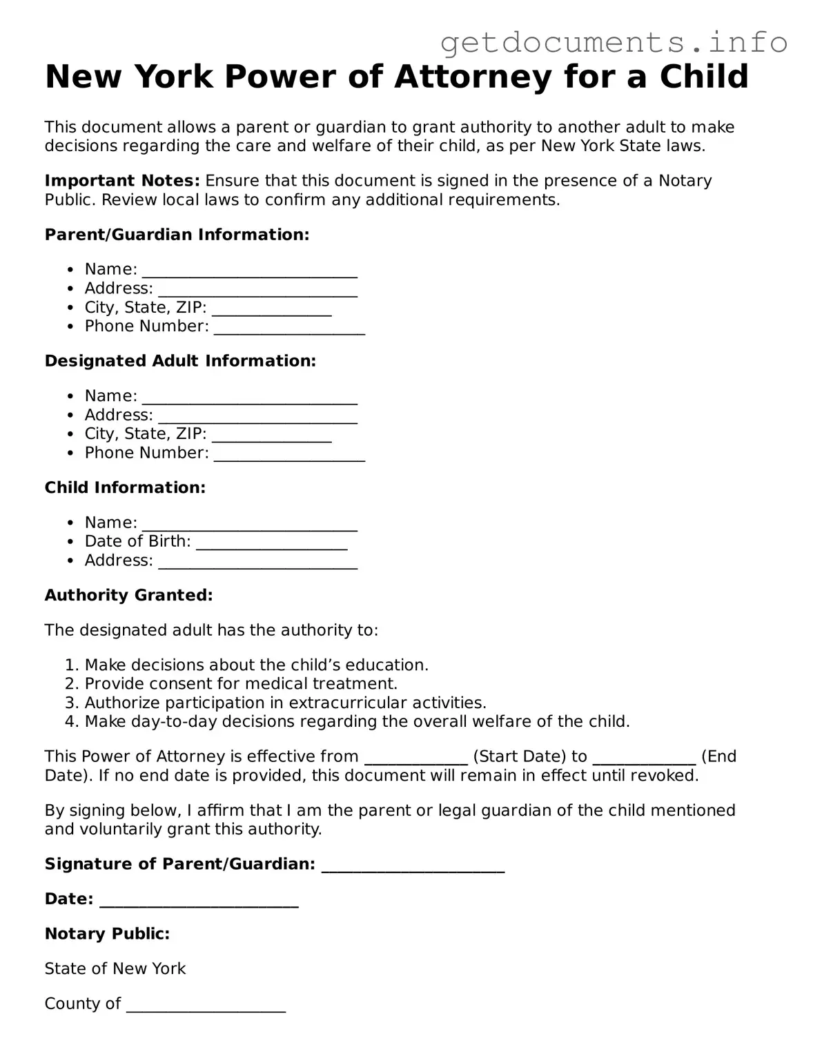 Free Power of Attorney for a Child Template for New York