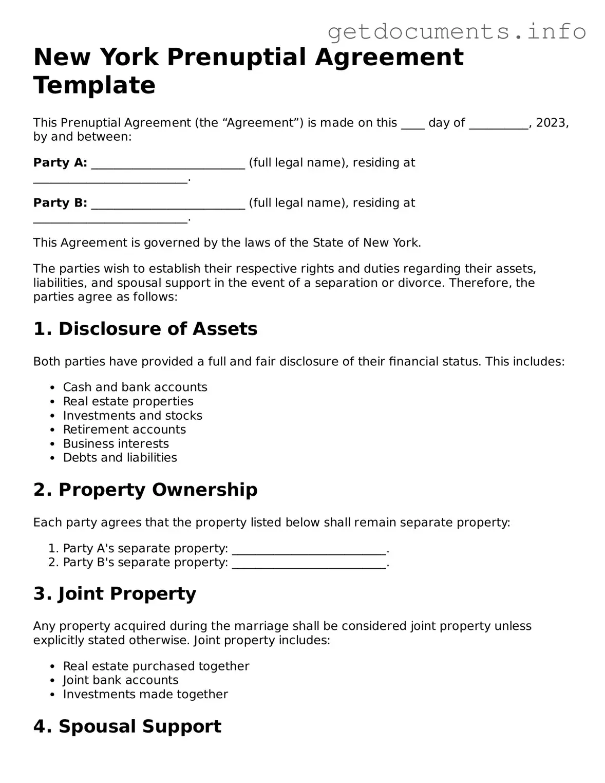 Free  Prenuptial Agreement Template for New York