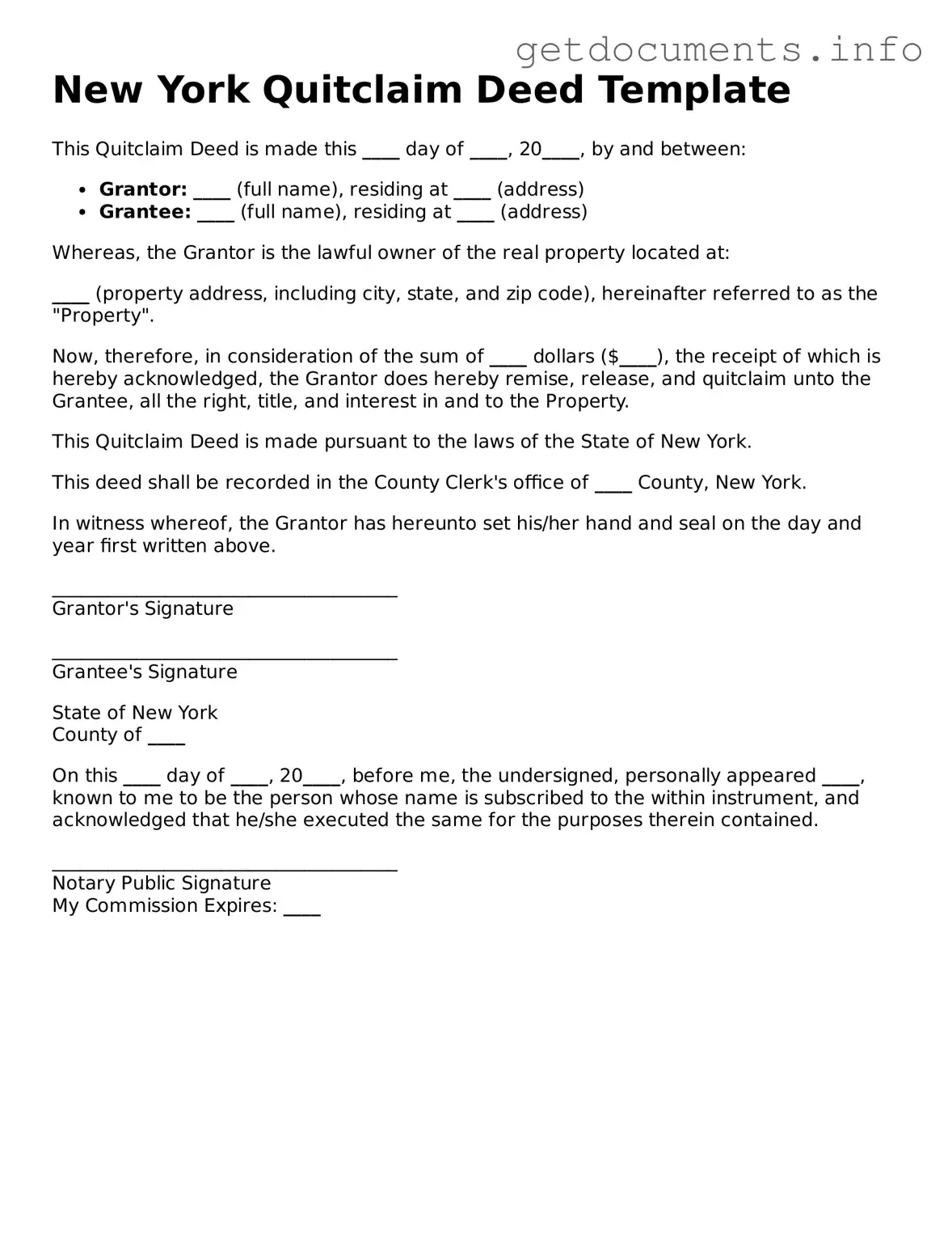 Free Quitclaim Deed Template for New York