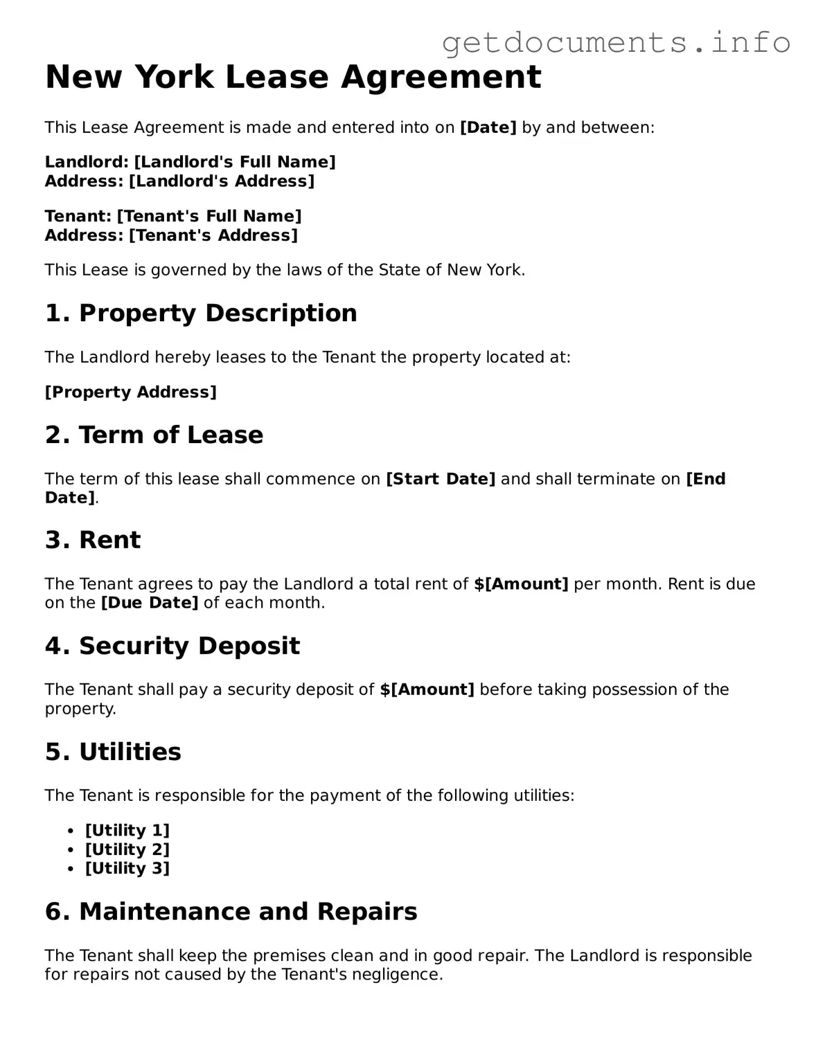 Free  Lease Agreement Template for New York