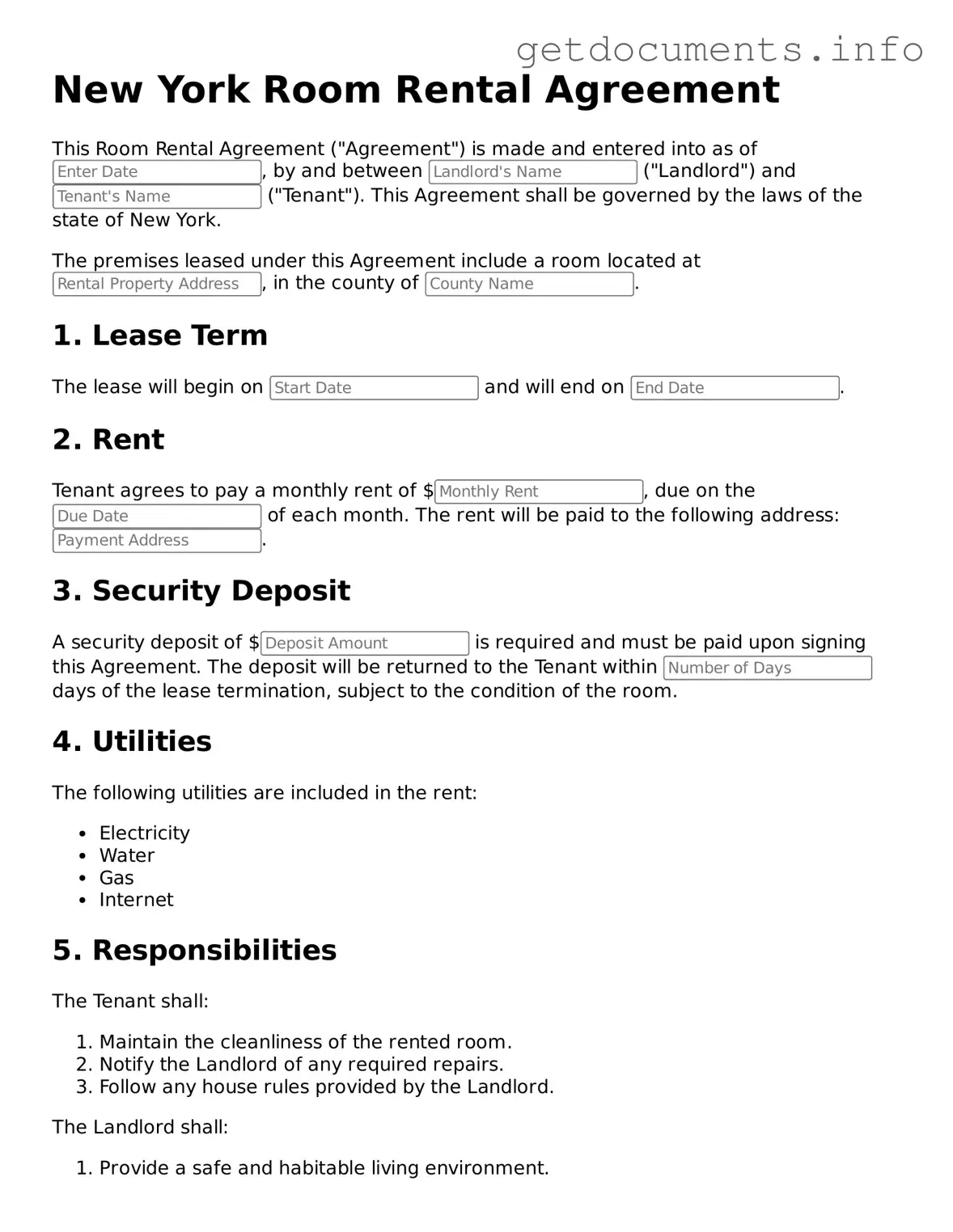 Free Room Rental Agreement Template for New York