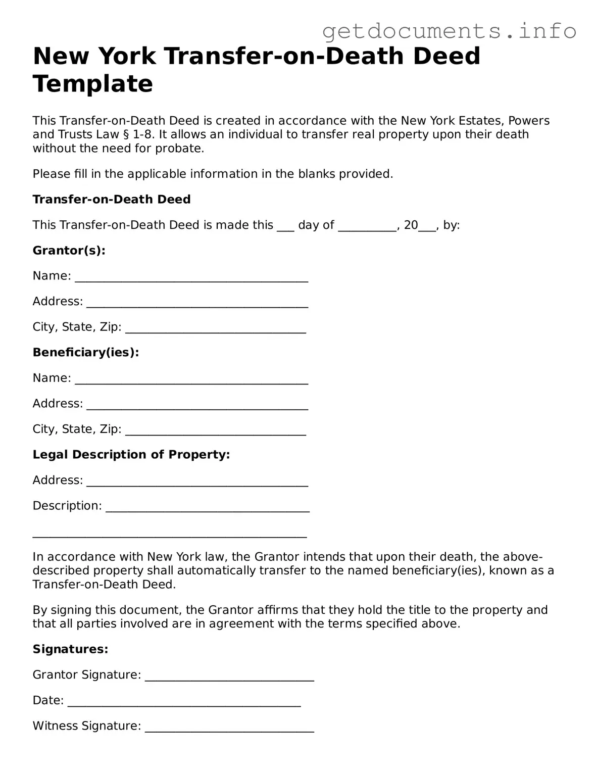 Free Transfer-on-Death Deed Template for New York