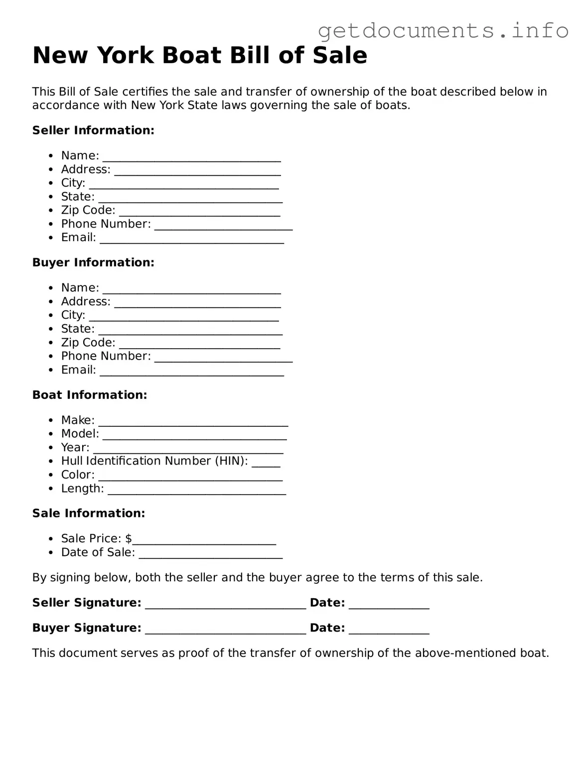Free Boat Bill of Sale Template for New York