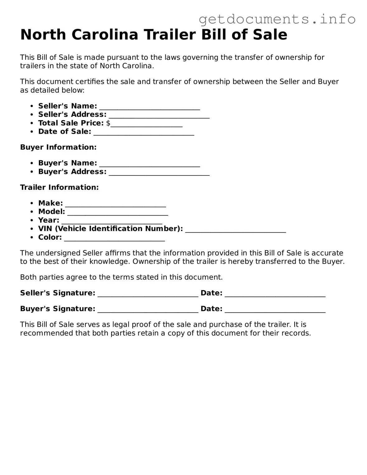 Free  Trailer Bill of Sale Template for North Carolina