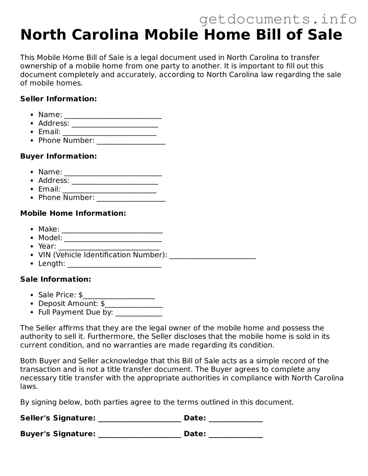 Free Mobile Home Bill of Sale Template for North Carolina