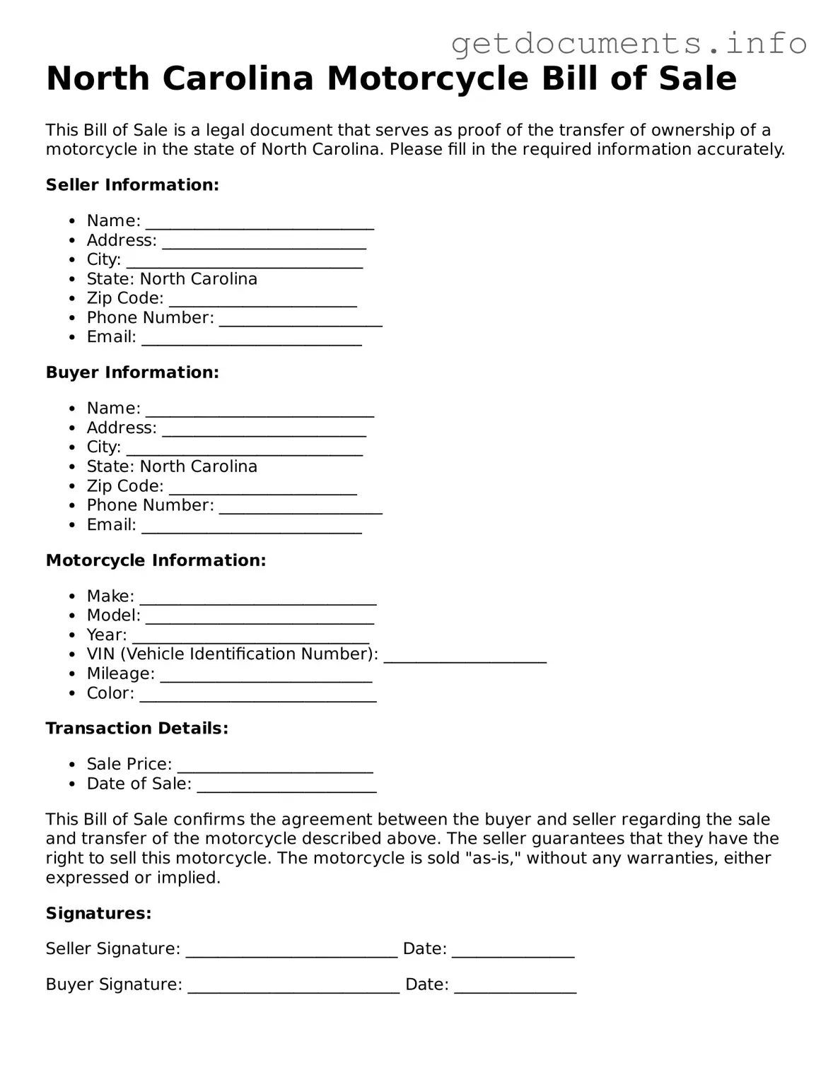 Free Motorcycle Bill of Sale Template for North Carolina