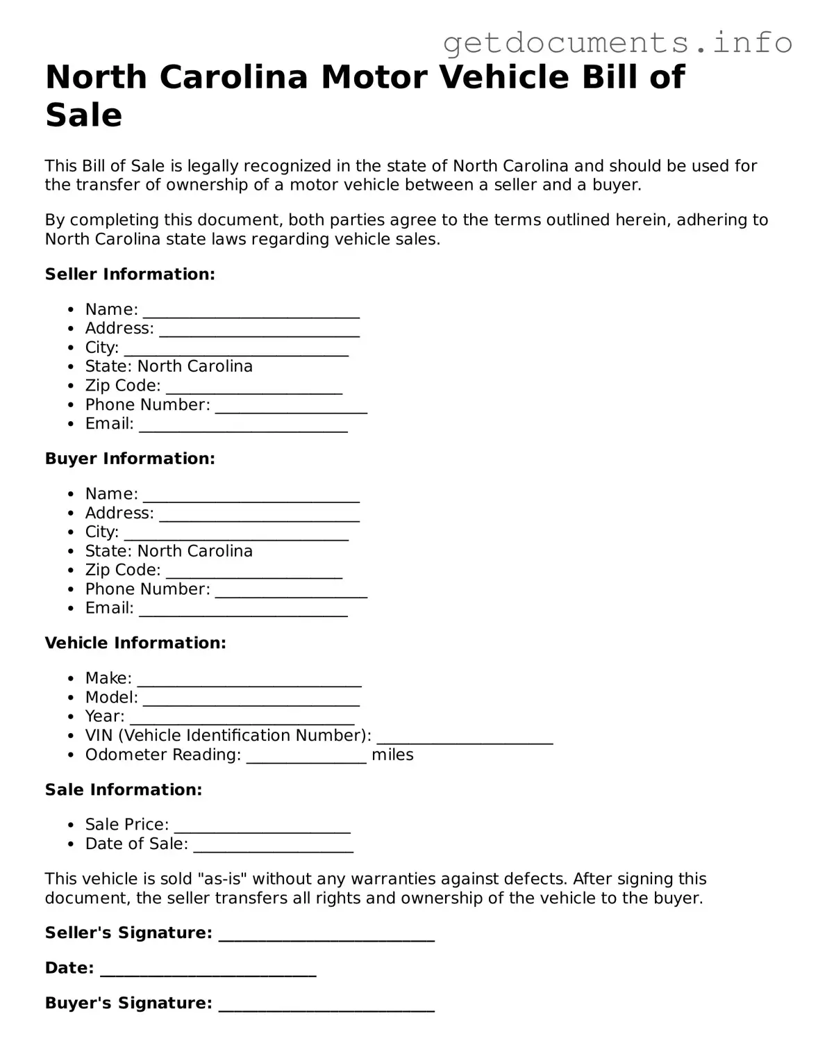 Free  Motor Vehicle Bill of Sale Template for North Carolina