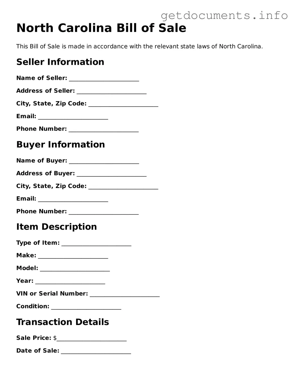 Free Bill of Sale Template for North Carolina