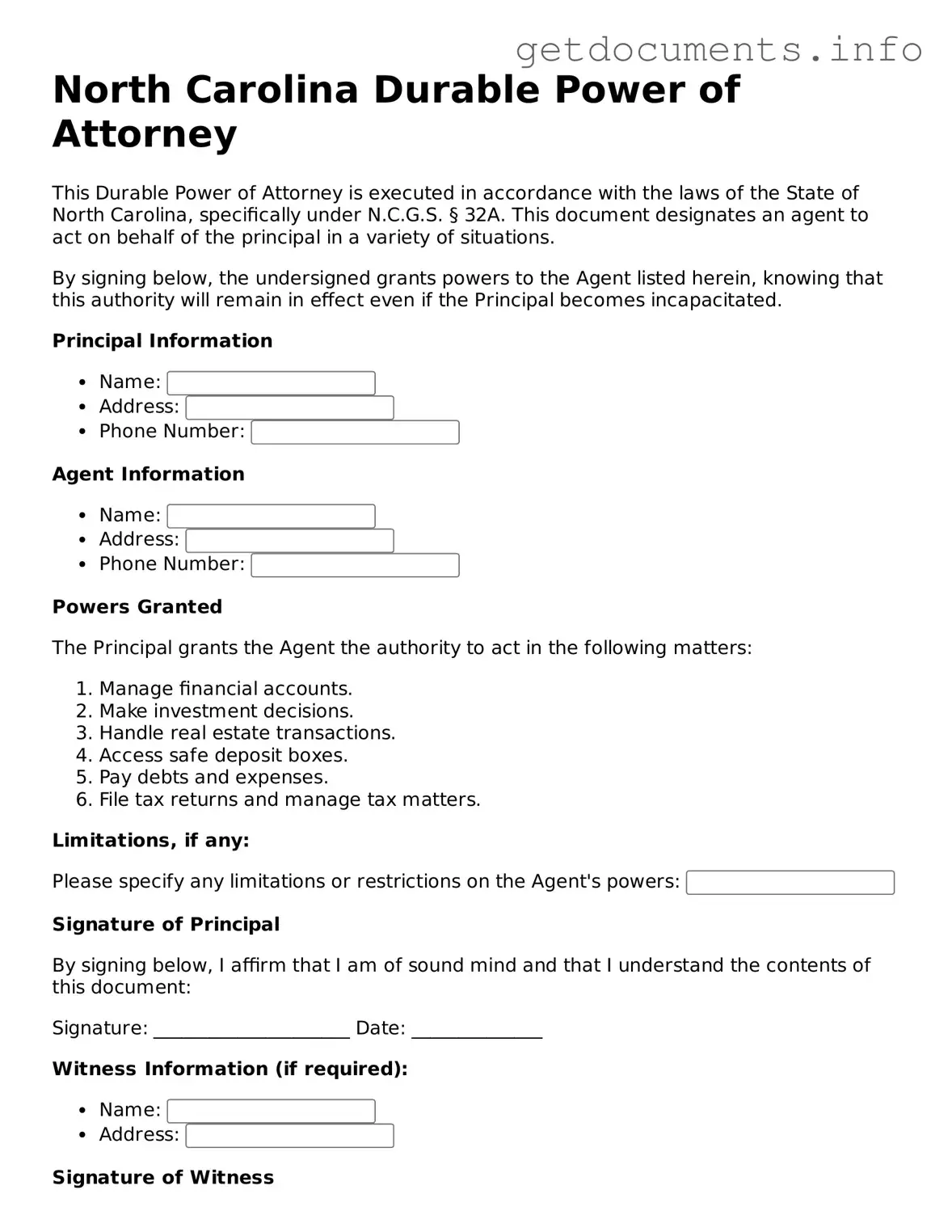 Free Durable Power of Attorney Template for North Carolina
