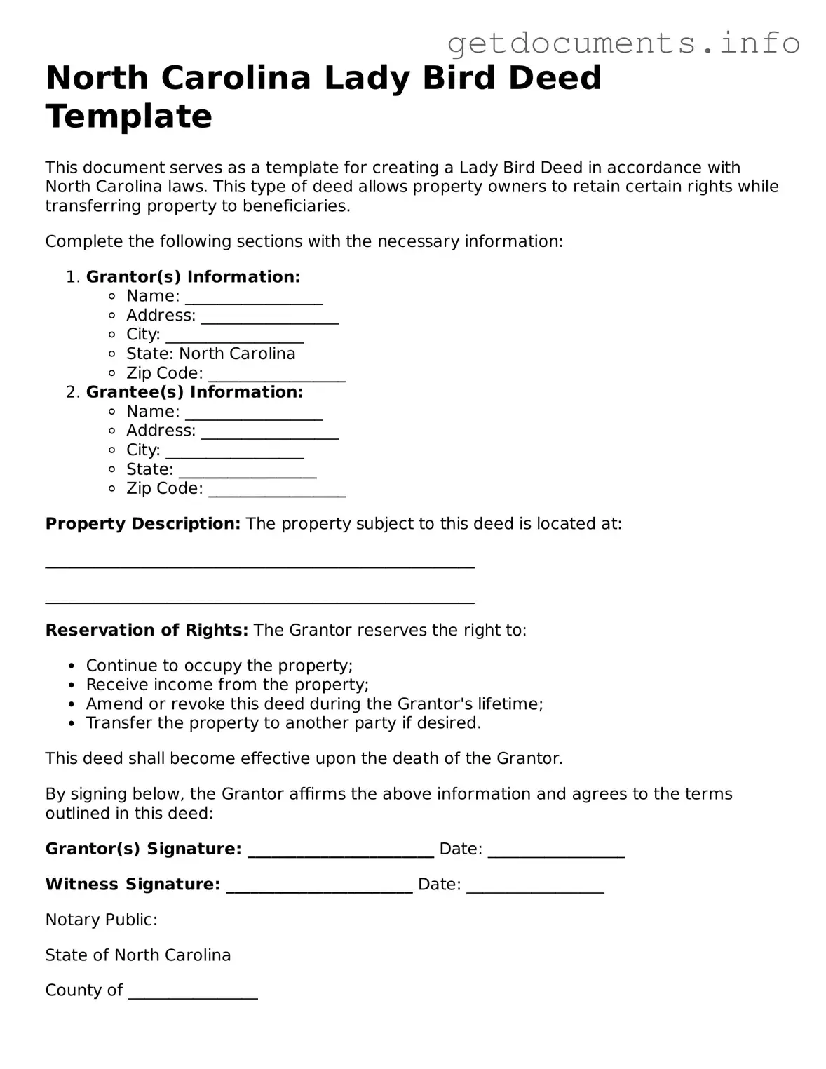 Free  Lady Bird Deed Template for North Carolina