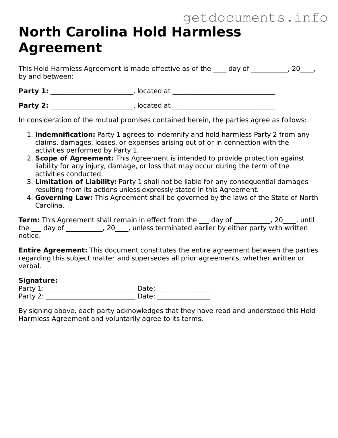 Free Hold Harmless Agreement Template for North Carolina