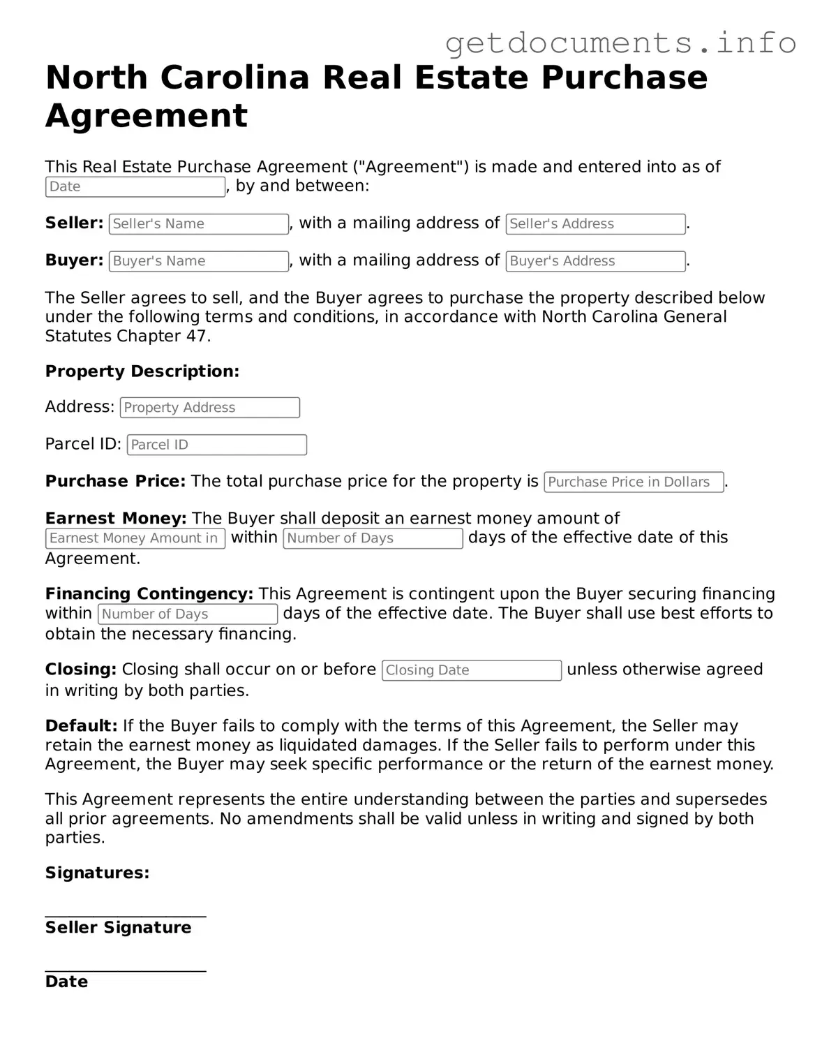 Free Real Estate Purchase Agreement Template for North Carolina