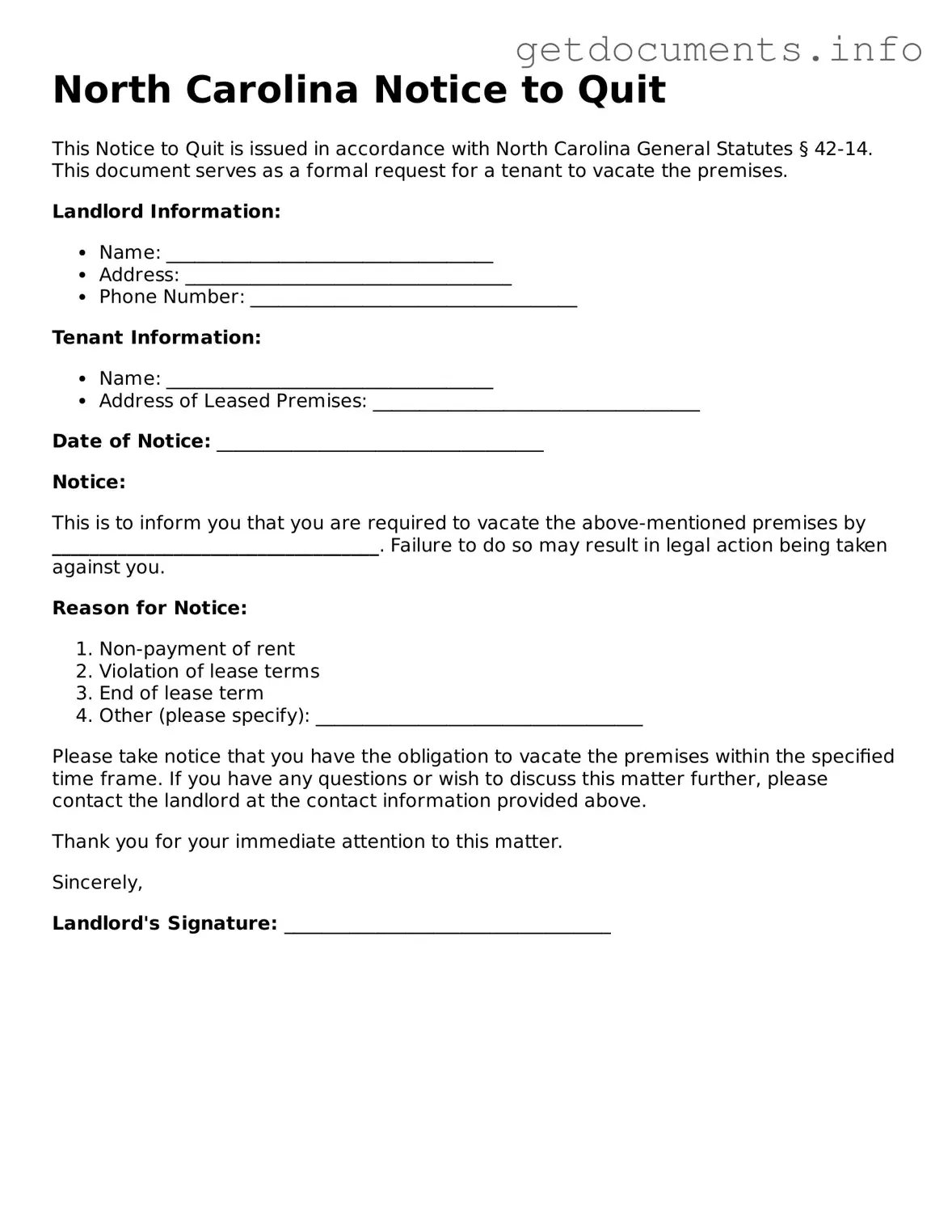Free Notice to Quit Template for North Carolina