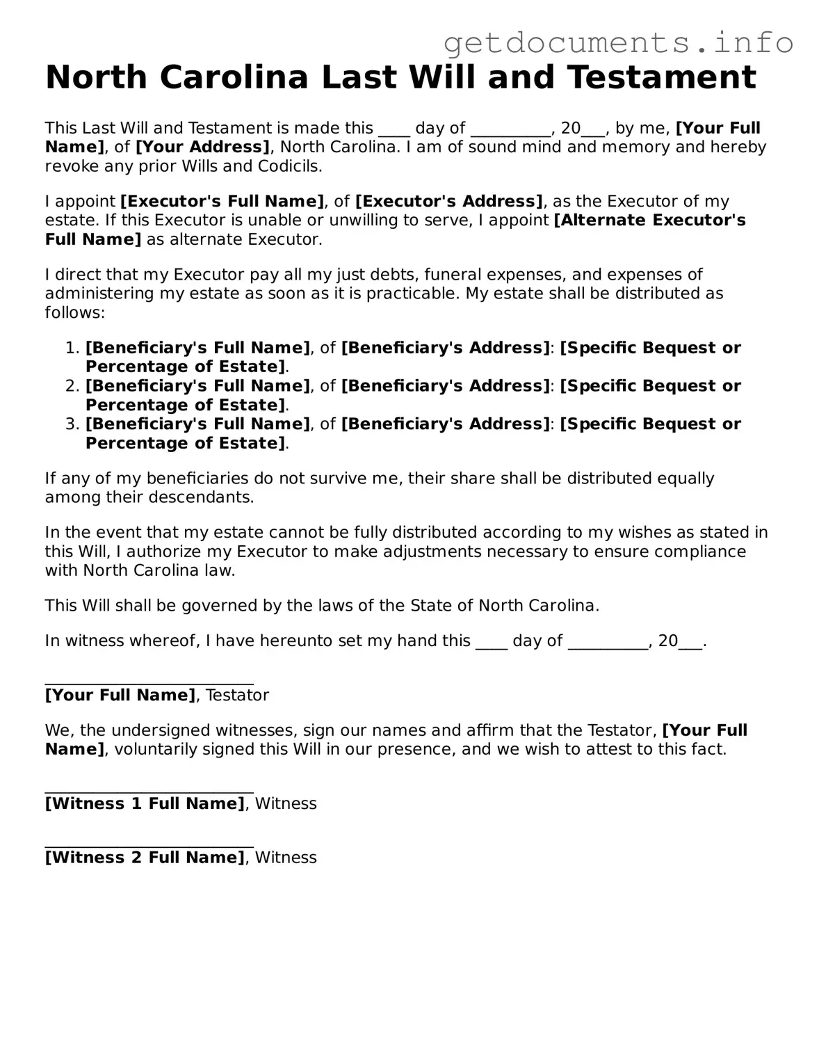 Free Last Will and Testament Template for North Carolina