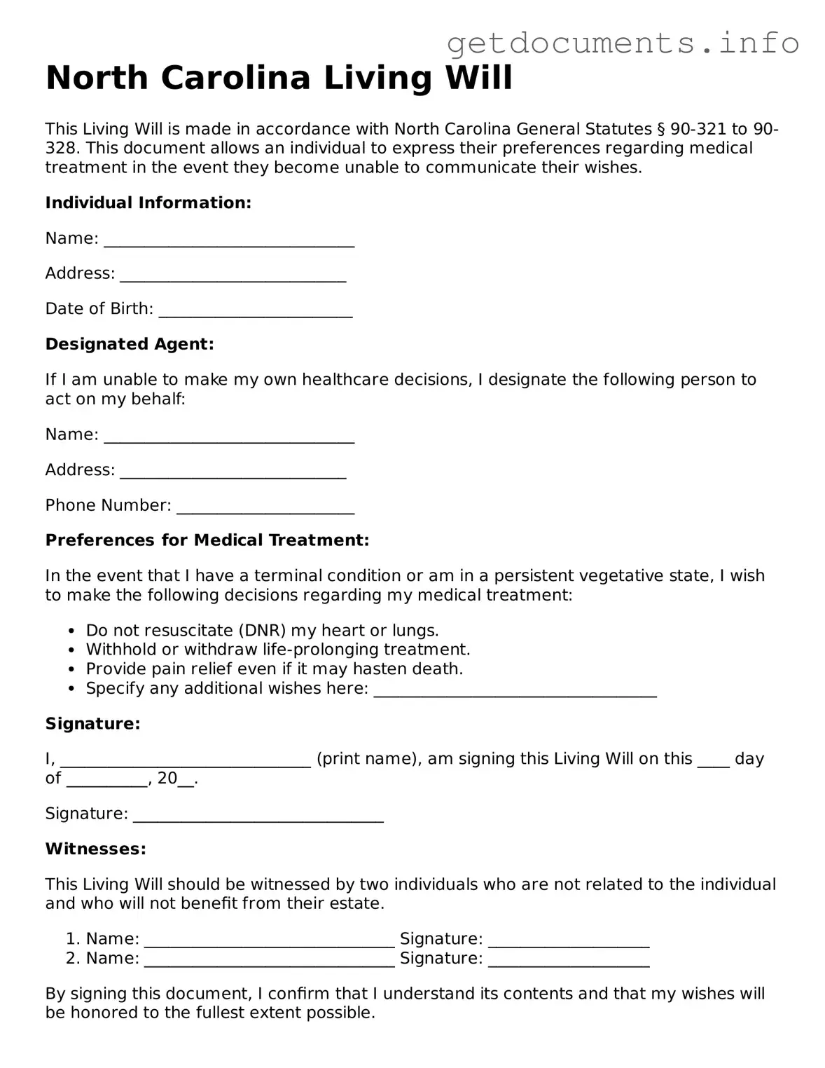 Free Living Will Template for North Carolina