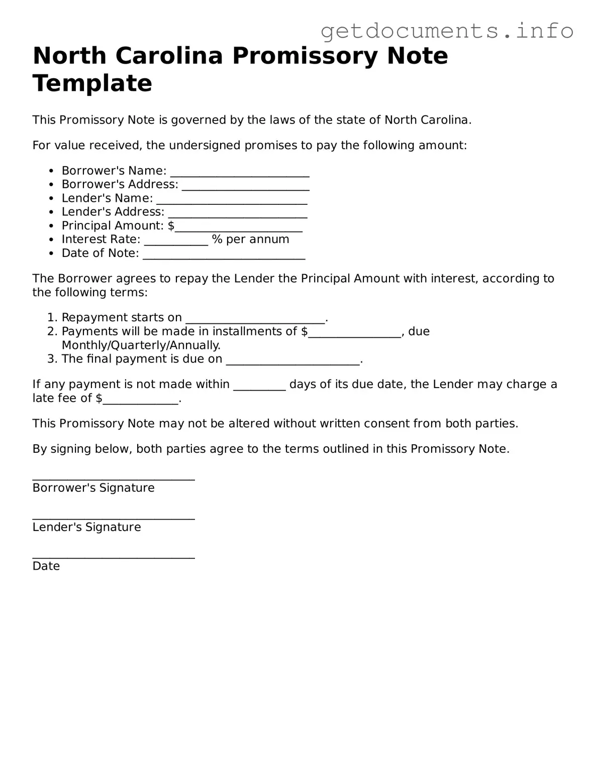 Free Promissory Note Template for North Carolina