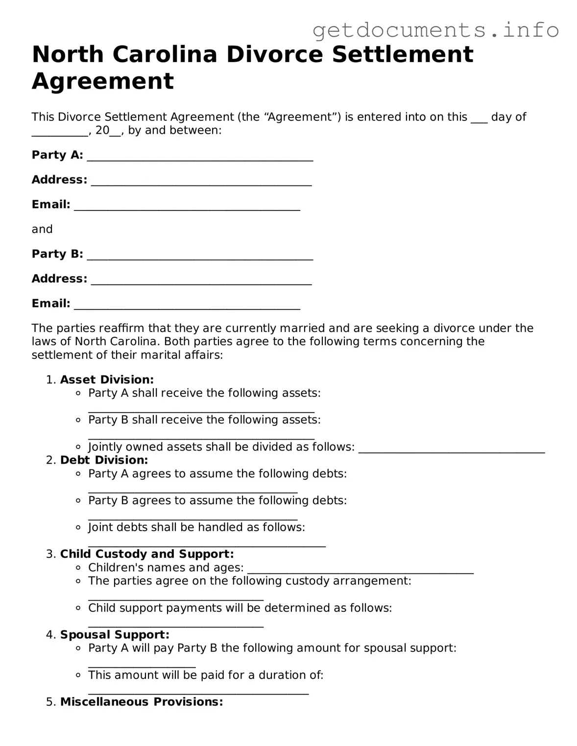 Free Divorce Settlement Agreement Template for North Carolina