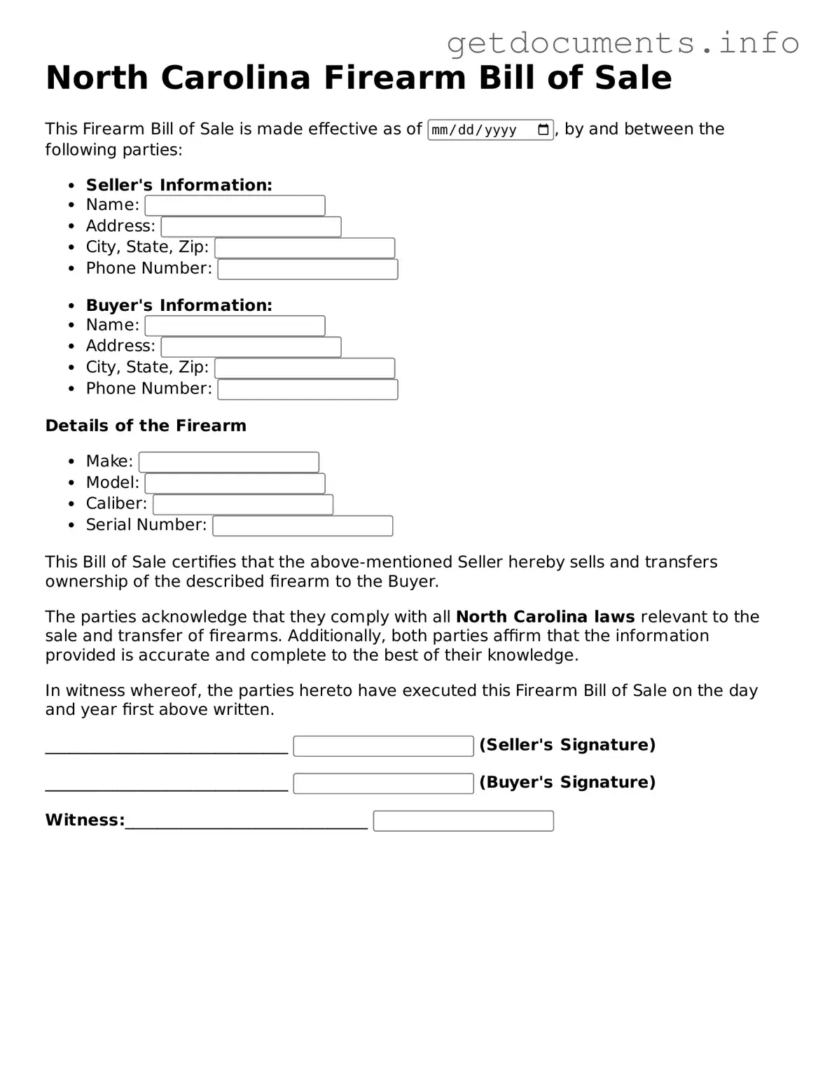 Free Firearm Bill of Sale Template for North Carolina
