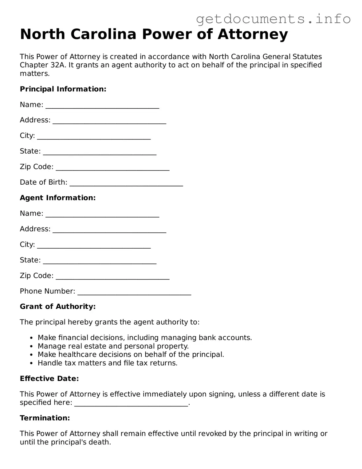 Free Power of Attorney Template for North Carolina