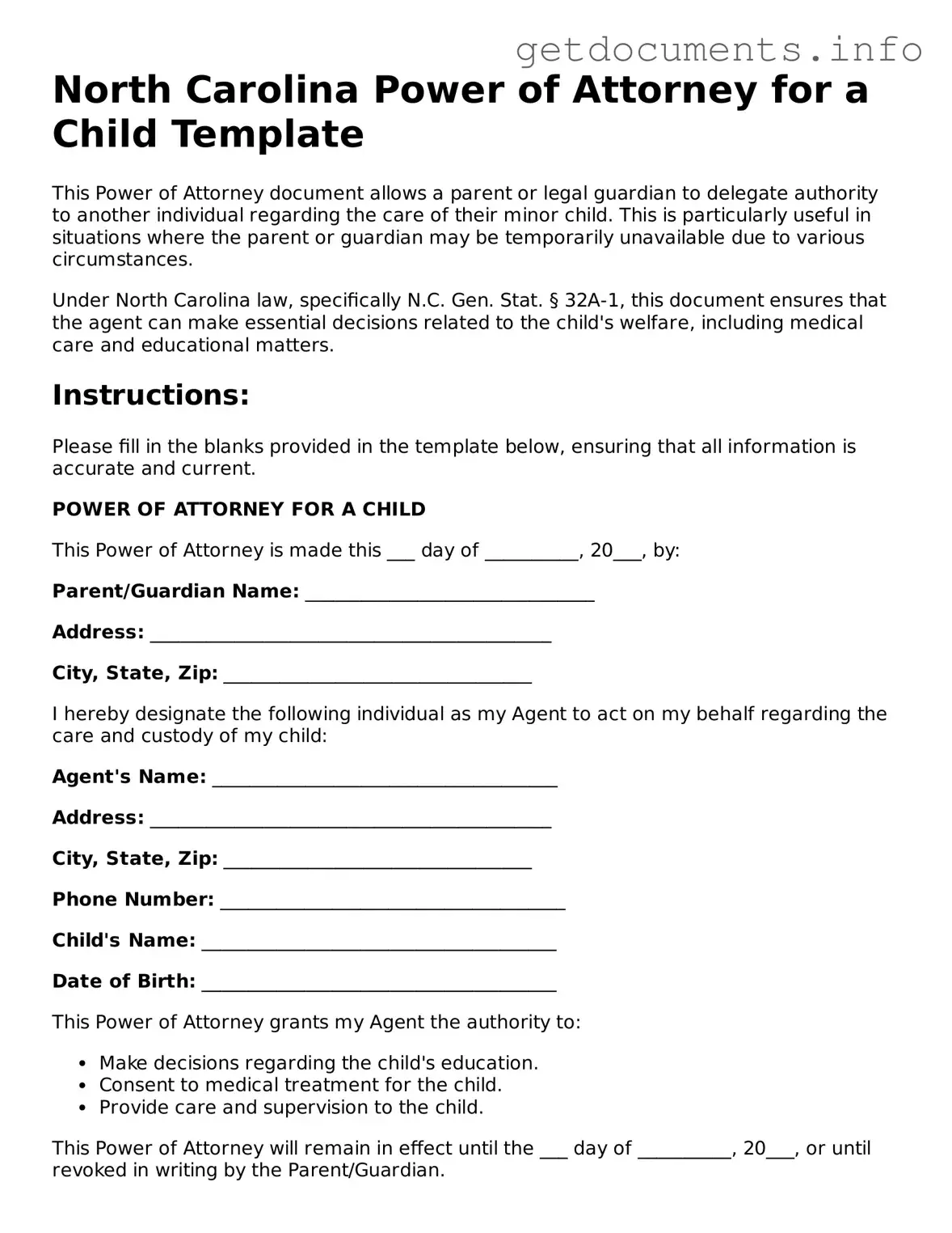 Free Power of Attorney for a Child Template for North Carolina