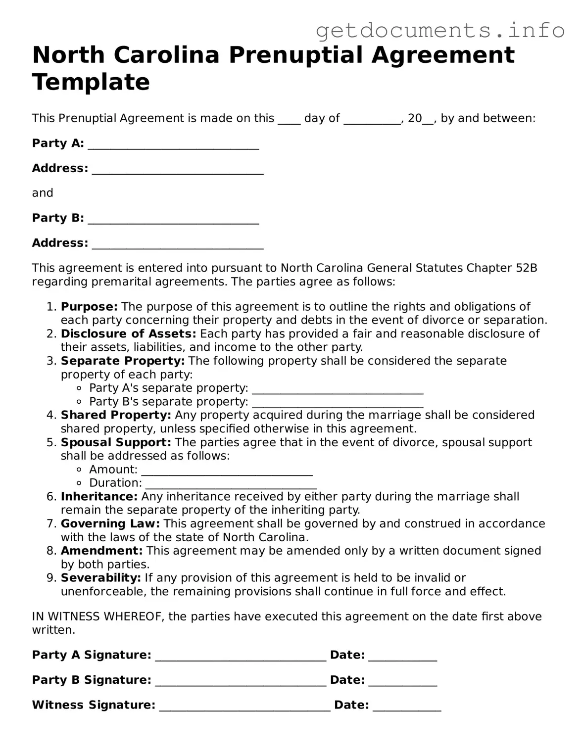 Free Prenuptial Agreement Template for North Carolina