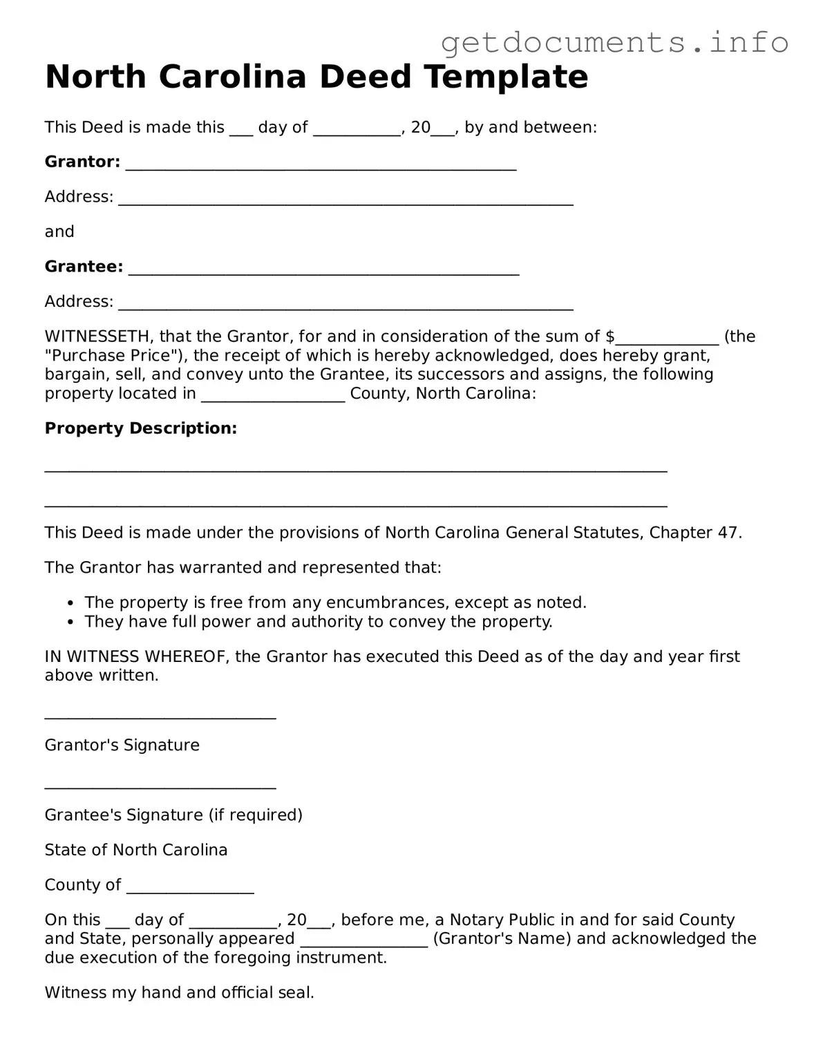 Free Deed Template for North Carolina