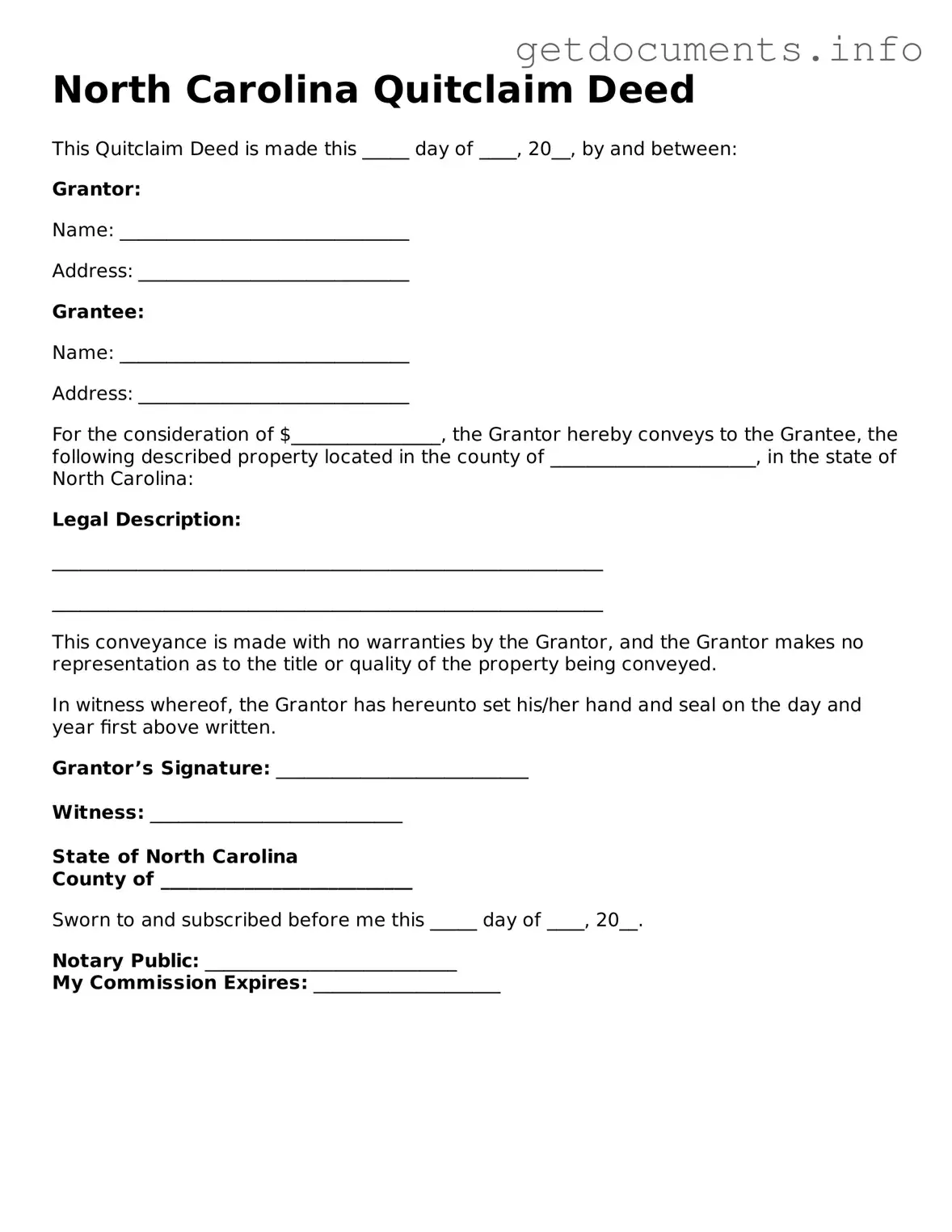 Free Quitclaim Deed Template for North Carolina