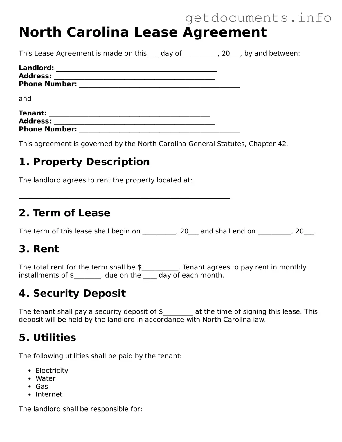 Free Lease Agreement Template for North Carolina