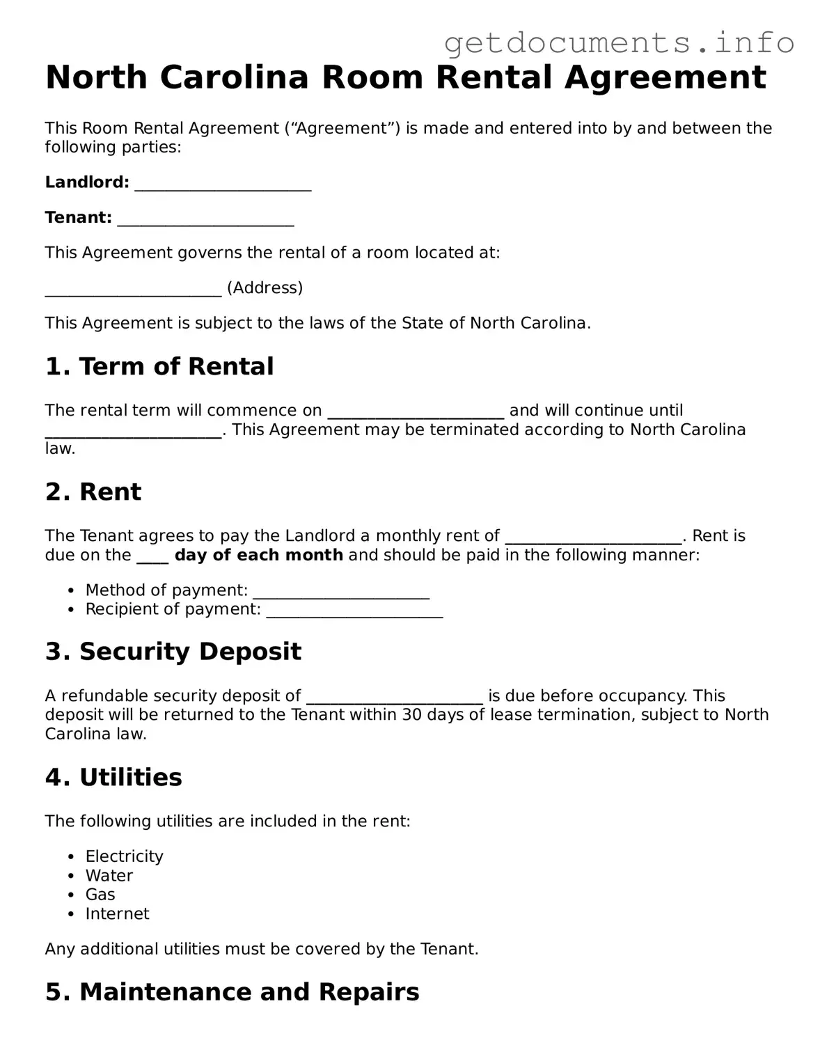 Free Room Rental Agreement Template for North Carolina