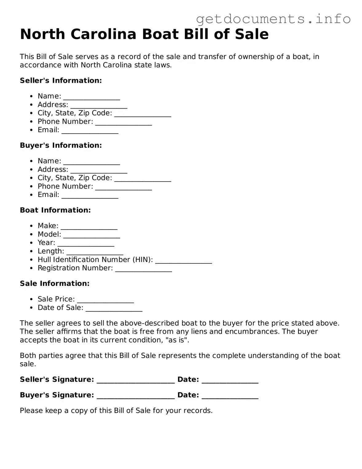 Free Boat Bill of Sale Template for North Carolina