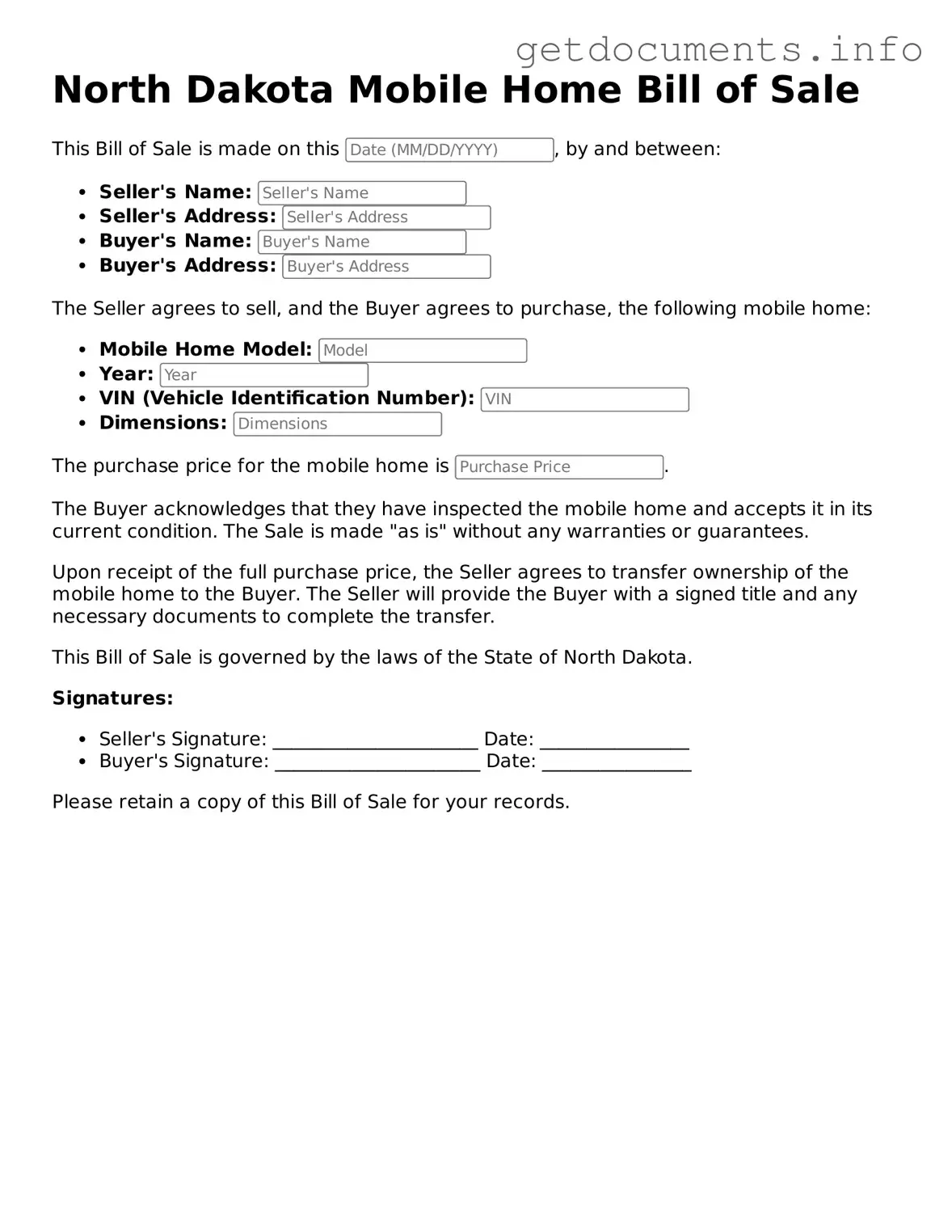 Free Mobile Home Bill of Sale Template for North Dakota
