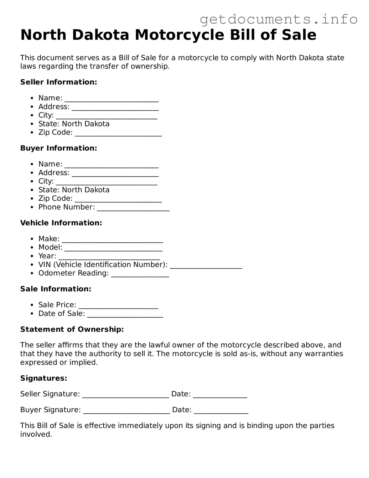 Free Motorcycle Bill of Sale Template for North Dakota