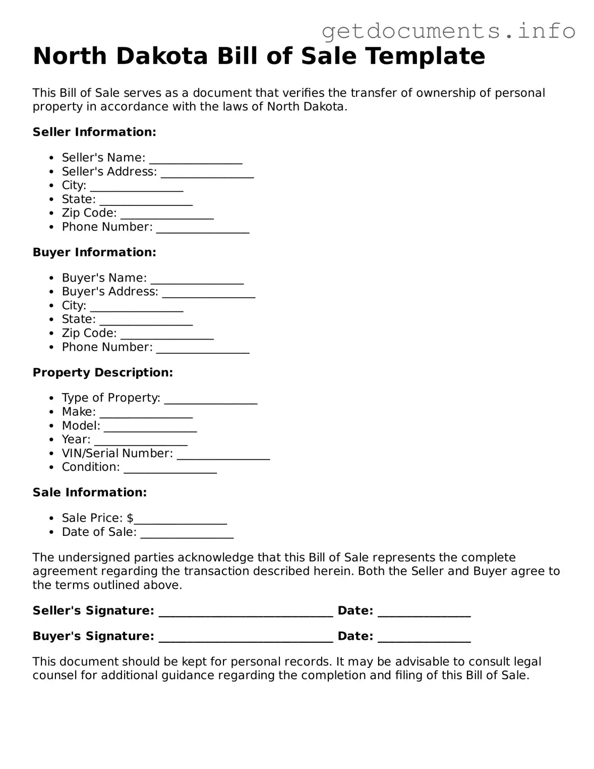 Free Bill of Sale Template for North Dakota