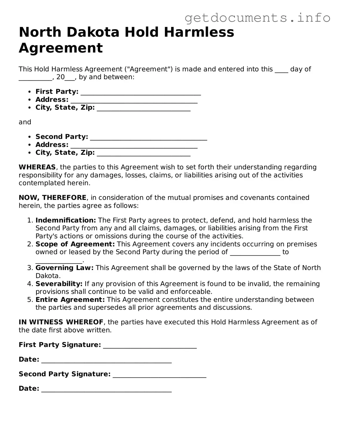 Free Hold Harmless Agreement Template for North Dakota