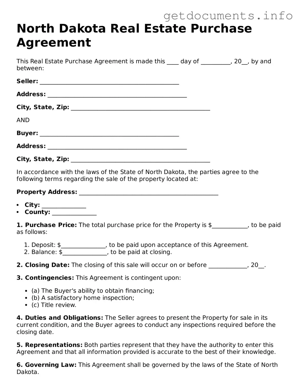 Free Real Estate Purchase Agreement Template for North Dakota