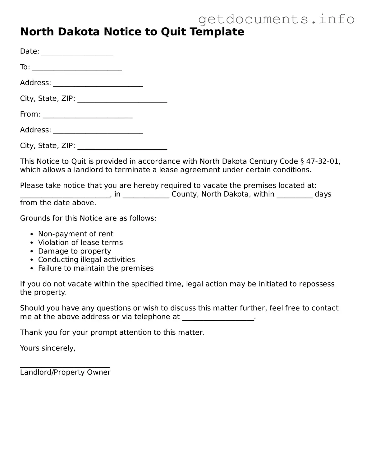 Free Notice to Quit Template for North Dakota