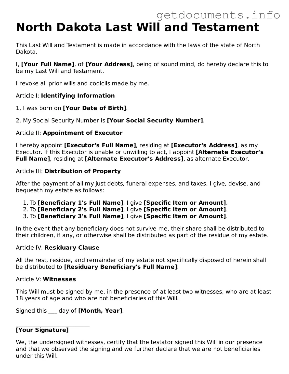 Free Last Will and Testament Template for North Dakota