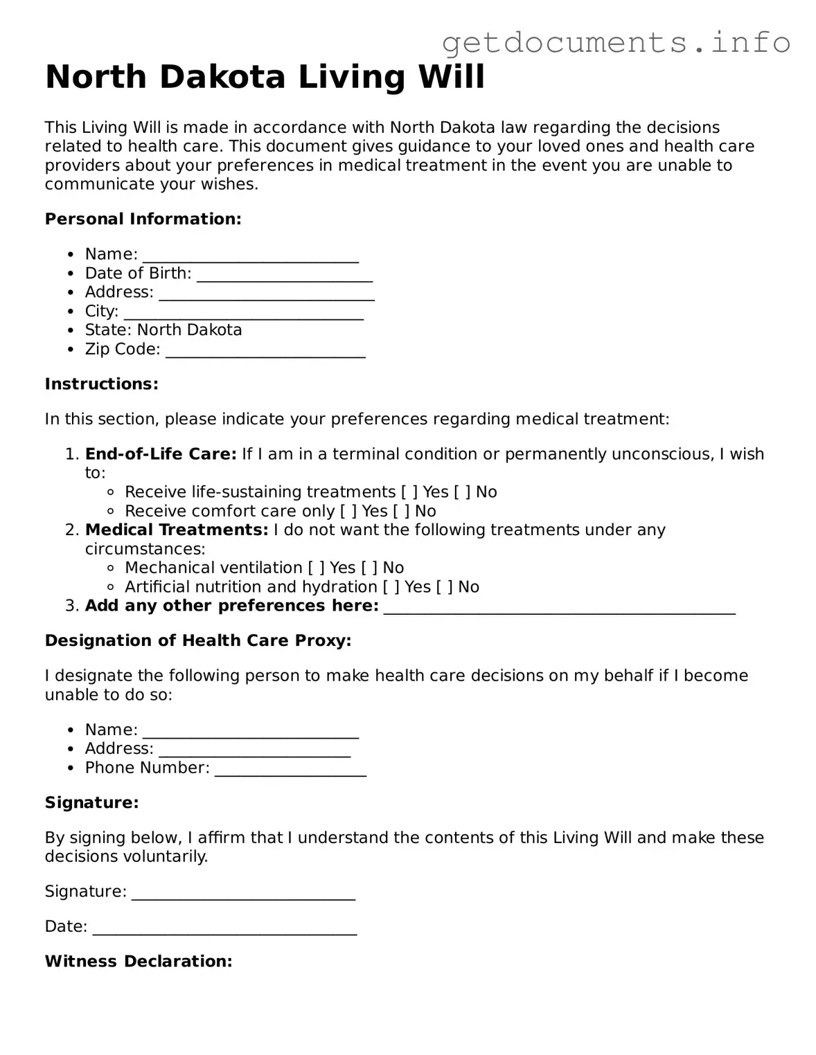 Free Living Will Template for North Dakota
