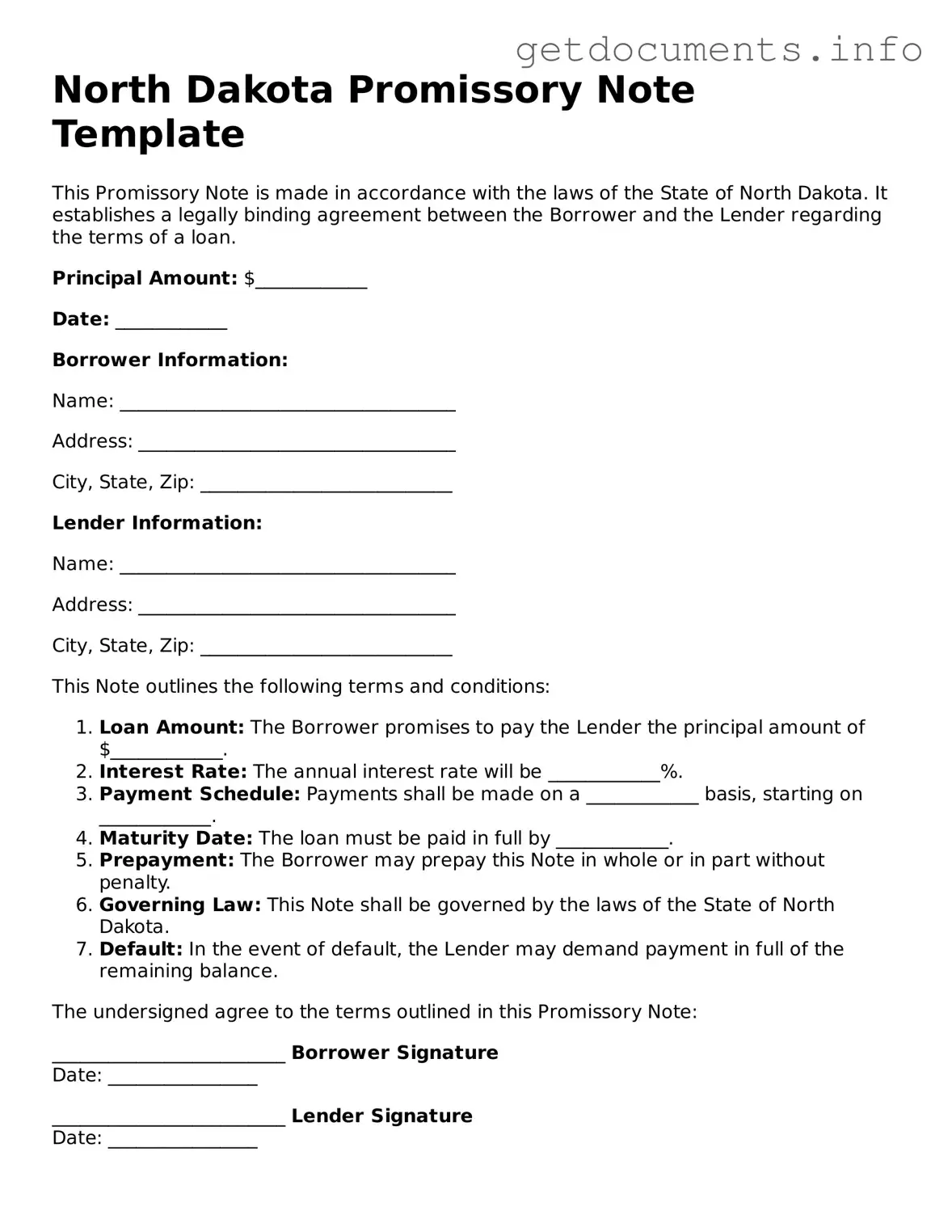 Free Promissory Note Template for North Dakota