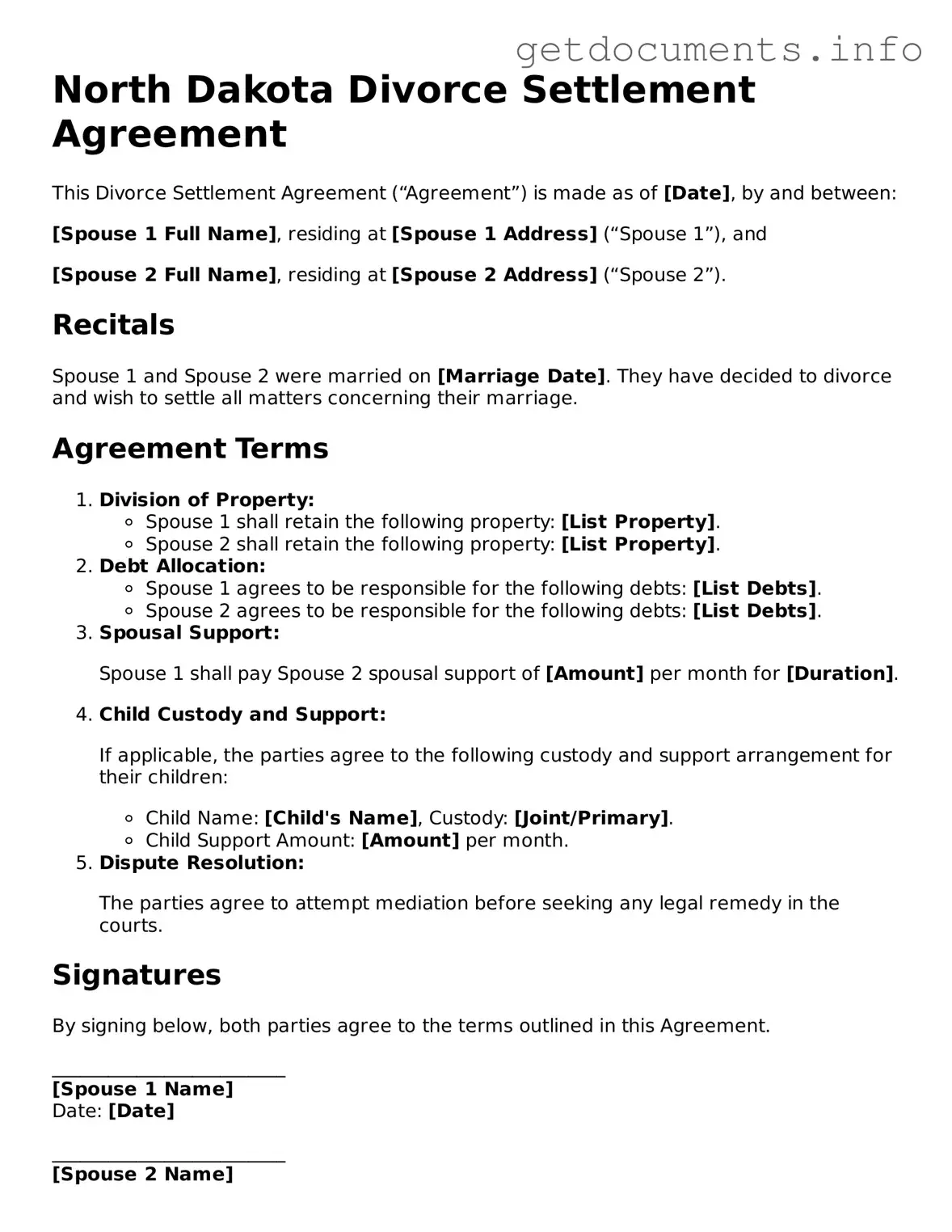 Free Divorce Settlement Agreement Template for North Dakota