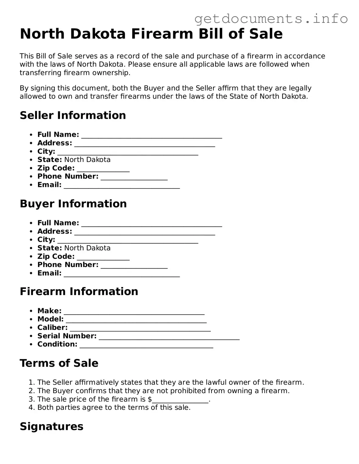 Free  Firearm Bill of Sale Template for North Dakota