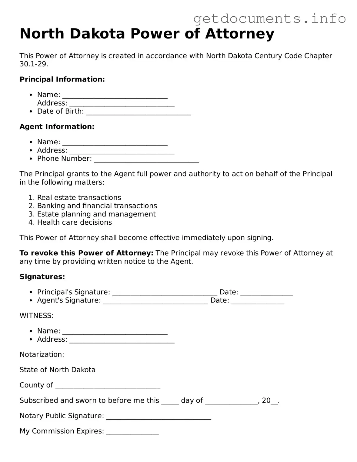 Free Power of Attorney Template for North Dakota