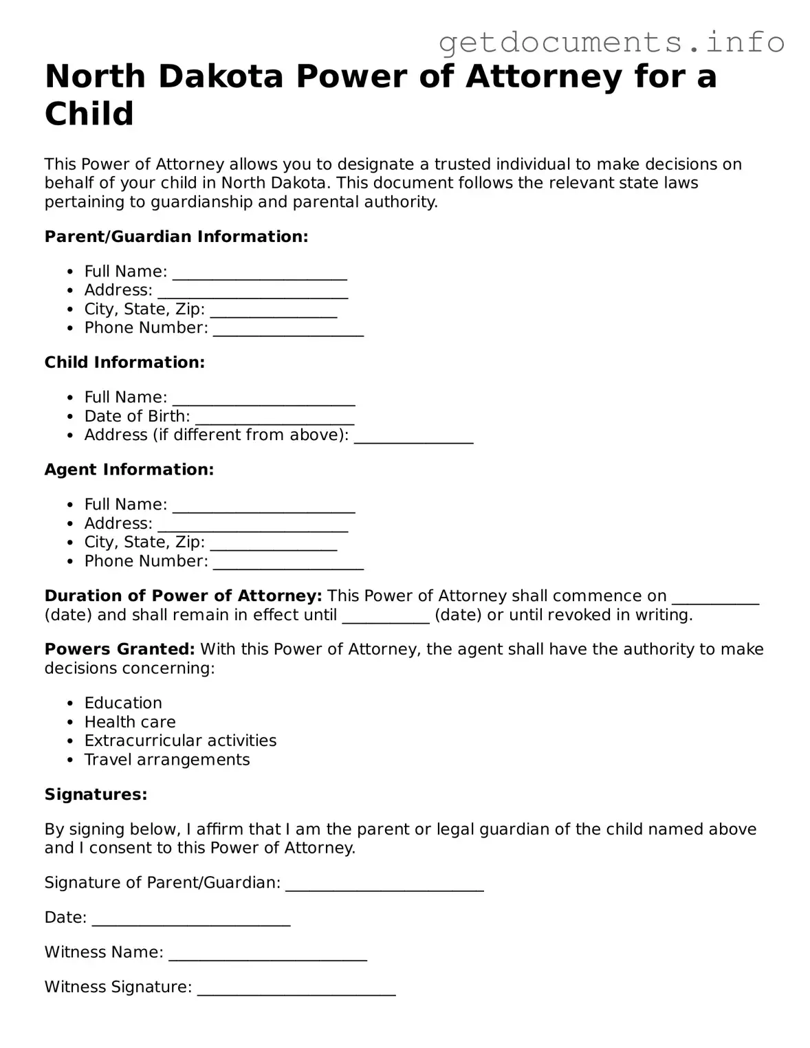 Free Power of Attorney for a Child Template for North Dakota